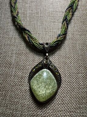 Green Stone Pendant Necklace with Braided Cord